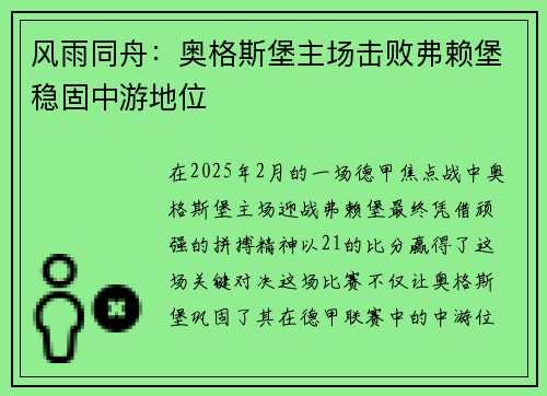 风雨同舟：奥格斯堡主场击败弗赖堡稳固中游地位