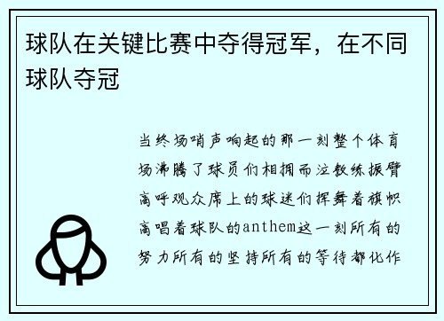 球队在关键比赛中夺得冠军，在不同球队夺冠